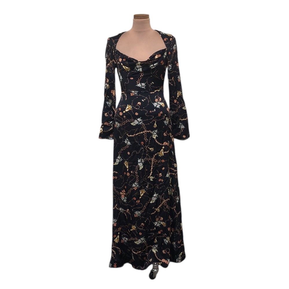 Fame & Partners Cera Maxi Dress Size 2 Black Floral Chain Print